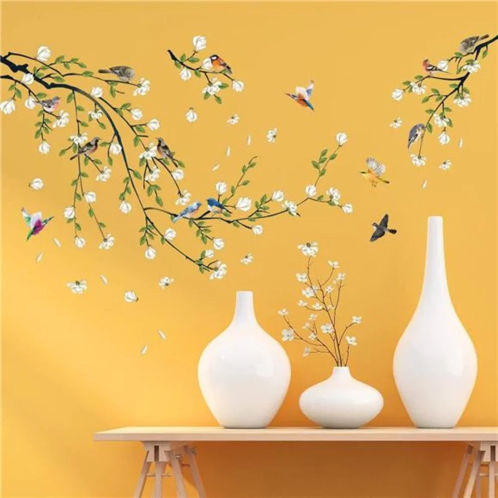 Magnolia Branches Wall Decals White Flower Stickers DIY Removable Home Decor